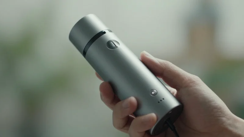 A sleek, modern, ultra-compact vaporizer held in a hand