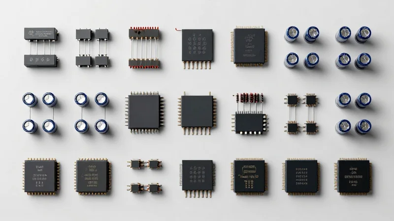 A collection of standardized electronic components neatly arranged on a workbench