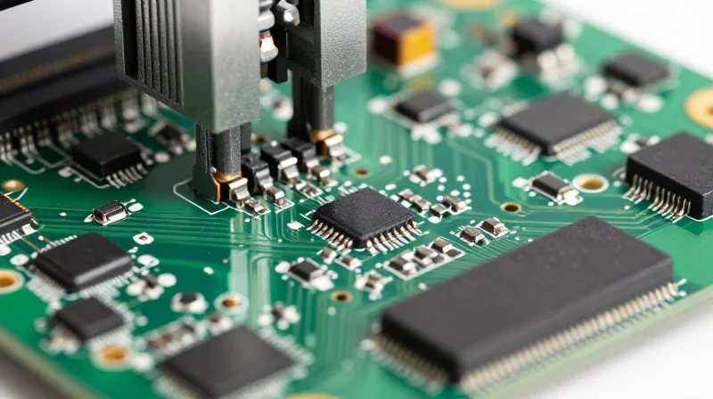 Uniformly oriented components on a green circuit board showing precision placement