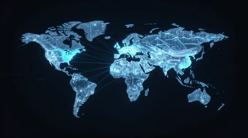 A high-tech digital factory environment showing global connectivity and supply chain flows
