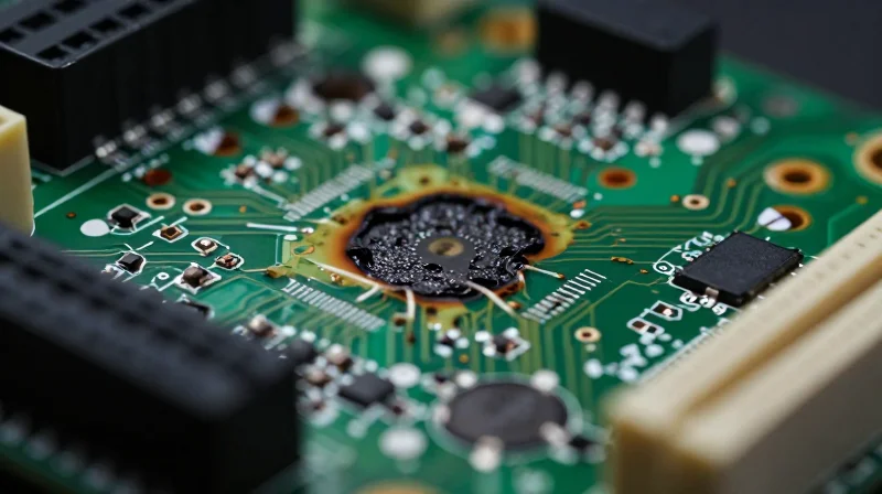The Hidden Costs of Standard PCB Interconnects A close-up of a damaged circuit board showing signs of thermal stress and heat spots
