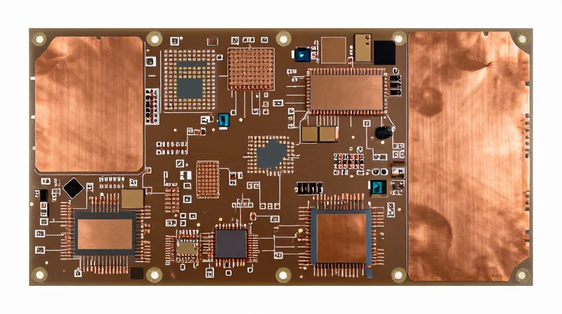 Thermal Management and Heat Sinking Techniques Top-down view of large copper heat-spreading pours on a printed circuit board.