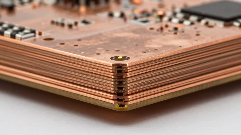 Anatomy of Thick Copper PCBs Macro view of heavy copper PCB layers showing distinct trace thickness