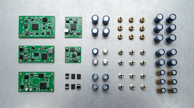 Collection of electronic components designed for EMI resistance on a workspace surface