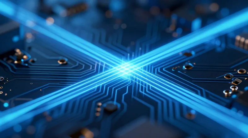 The Impact of Substrate Choice on High-Speed Signals Abstract representation of high-speed electronic signal propagation through a layered PCB substrate