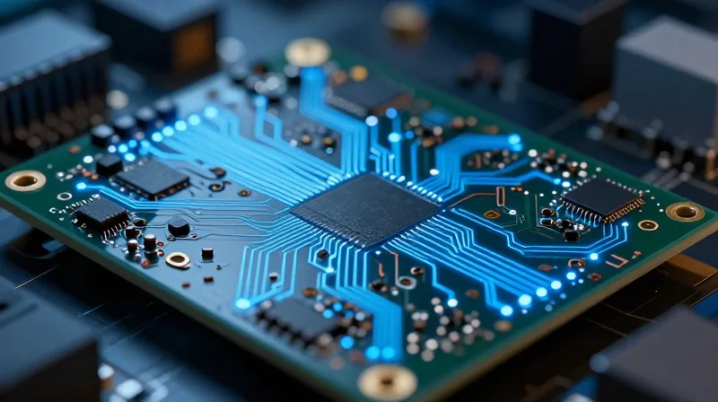 Prioritizing Signal Integrity and Impedance Control A close-up view of a high-speed PCB showing intricate copper traces and electrical signal paths with glowing energy trails