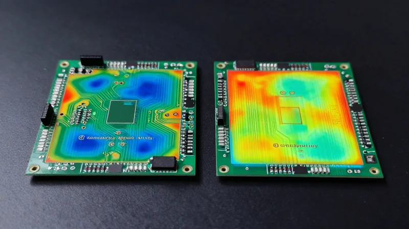 Comparative Performance Analysis: Halogen-Free vs. Standard FR-4 Side-by-side visual comparison of two different circuit board materials showing thermal heat dissipation.