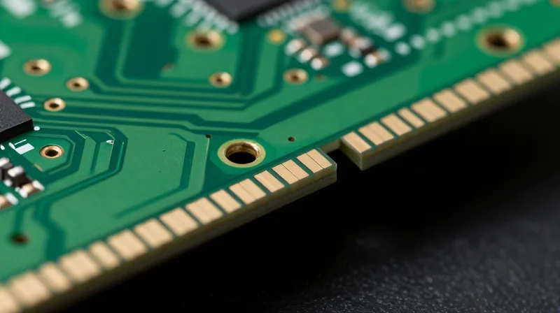 The Engineering Challenge of Castellated Holes A close-up view of a high-tech printed circuit board with visible semi-plated castellated holes on the edge.
