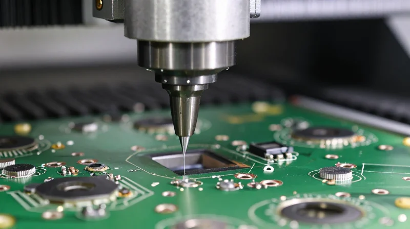 Evaluating Edge-Milling Precision Mechanical detail of a milling machine cutting the edge of a circuit board to create castellations.
