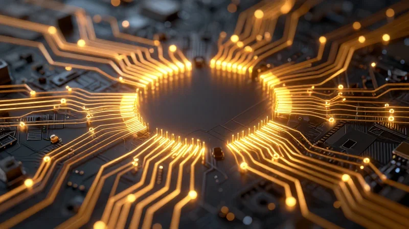 Signal Integrity Implications in High-Frequency Designs Conceptual visualization of high-frequency data signals moving through a circuit board interface.