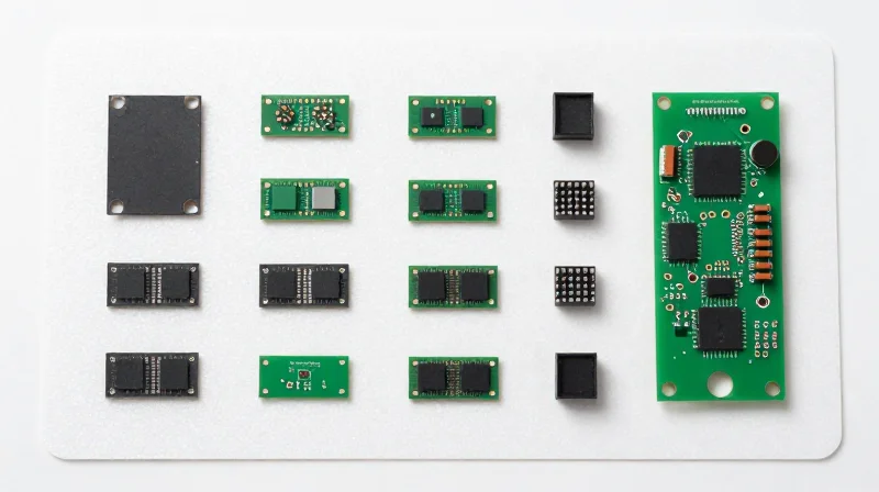 Streamlining the Surface-Mount Assembly (SMA) Process Top-down view of electronic components and surface-mount parts arranged on a workstation.