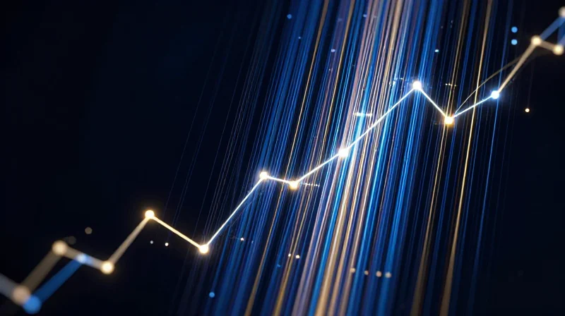 Calculating ROI: The Long-Term Impact on Time-to-Market Abstract representation of growth and data connectivity with glowing light trails.