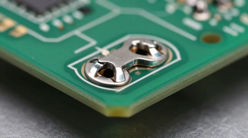 A microscopic view of a perfectly formed solder joint on a castellated PCB connection.