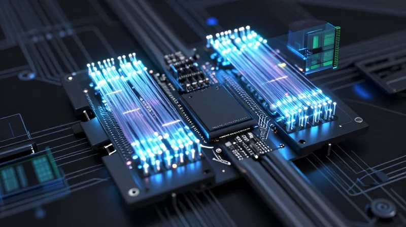 A high-tech digital representation of an automated optical inspection process on a PCB.