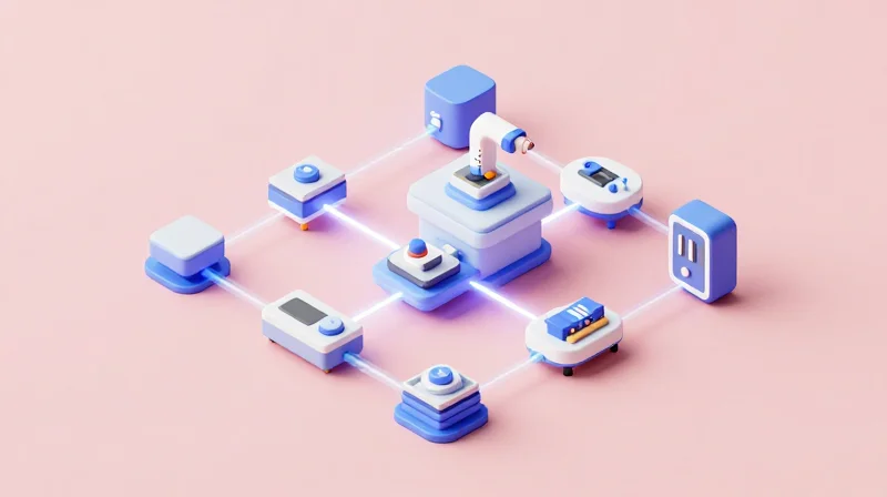 Isometric view of a connected smart manufacturing factory flow