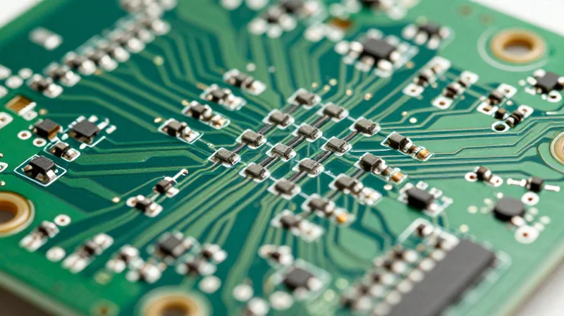 A close-up of a traditional circuit board showing dense components and lead-frame limitations
