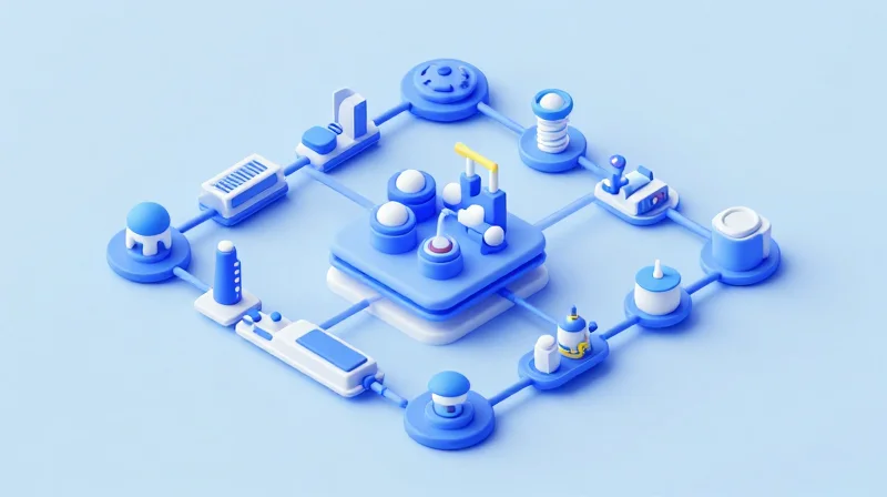 Assessing Component Sourcing and Supply Chain Resilience Isometric view of a complex interconnected global supply chain and manufacturing nodes.