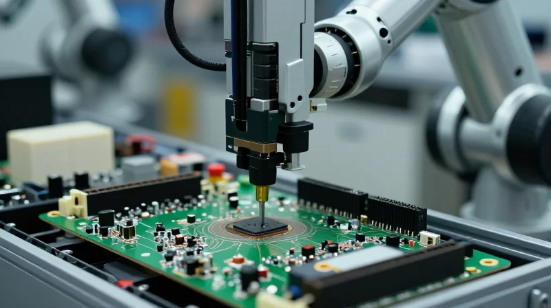 The Value of In-House Quick-Turn Capabilities Close-up of a modern circuit board assembly with robotic arms and precision components.