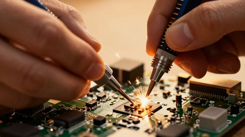 Case Study: Turning Prototype Failure into Market Success A close-up of a high-tech electronic component being repaired with precision tools.
