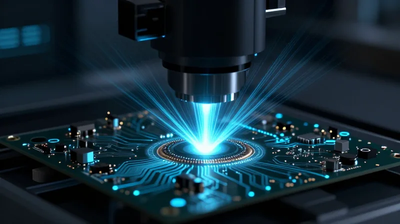 An abstract representation of an AOI system scanning a circuit board with light rays.