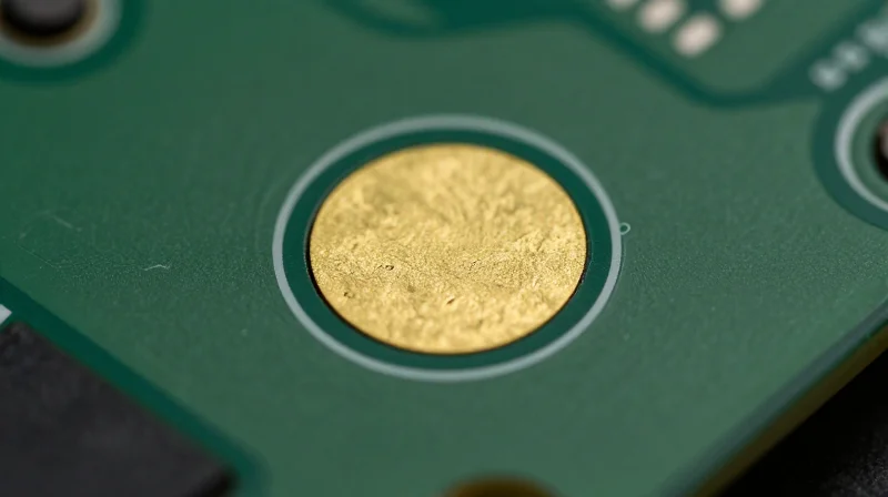 Close up view of a circular gold-plated fiducial mark on a printed circuit board corner.