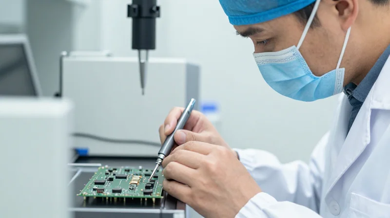 Final Audit and Site Visit Best Practices A professional quality inspector examining an electronic device in a clean factory environment