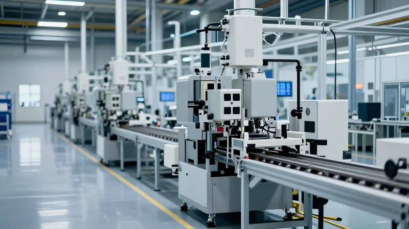 The Evolution of Modern OEM Manufacturing A modern, high-tech industrial facility with automated assembly lines, illuminated by clean cool lighting, representing the evolution of OEM production.