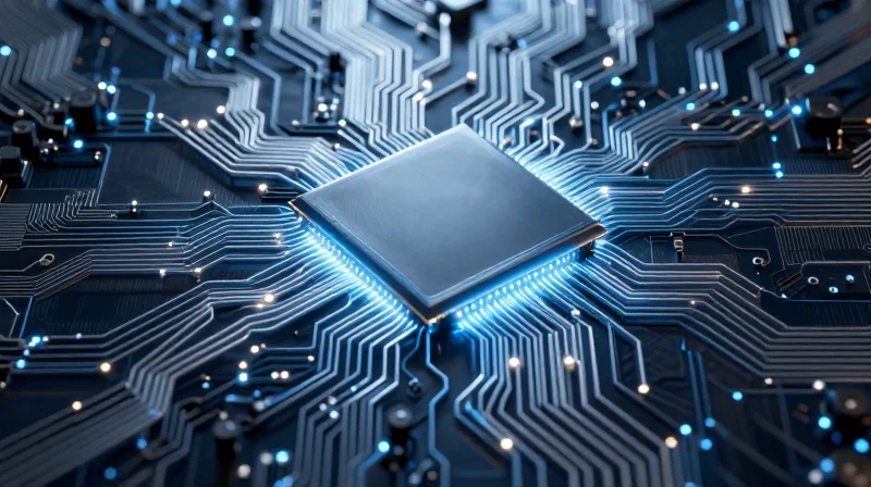 Abstract representation of high-density electronic circuits and miniaturized components converging into a single system