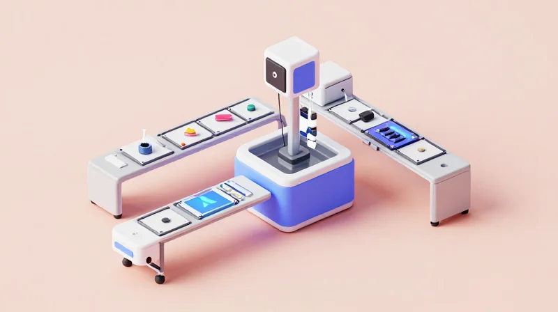 Isometric 3D illustration of a unified assembly line creating a complete electronic box build