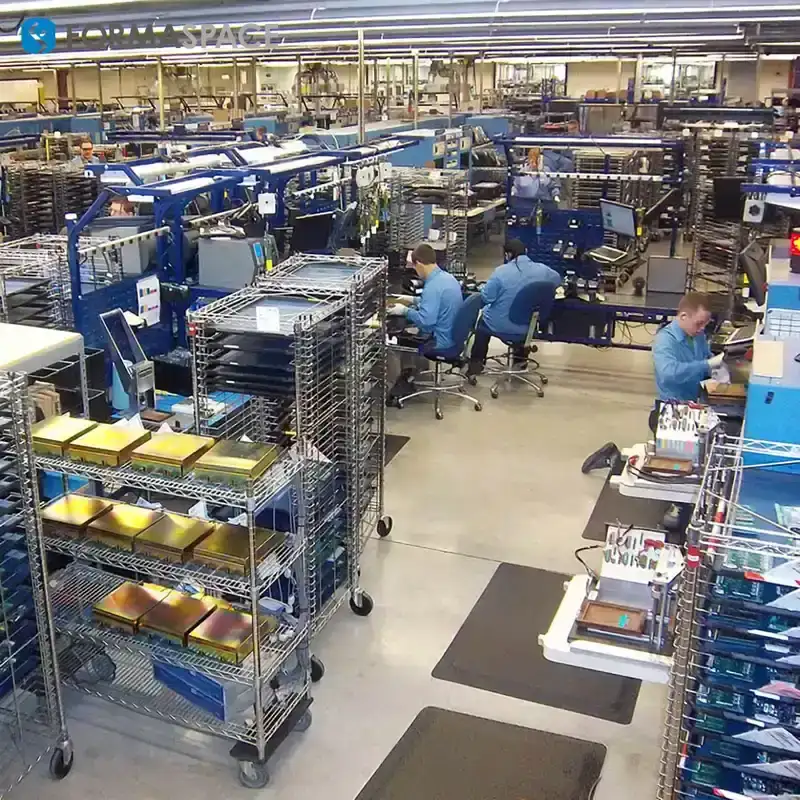 Workers assembling electronic products on a production line