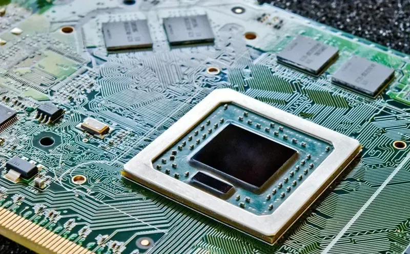 A close-up shot of a high-density interconnect (HDI) PCB board