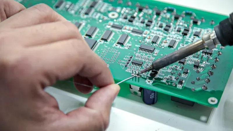A close-up view of a PCB assembly soldering process, showing electronic components being attached.