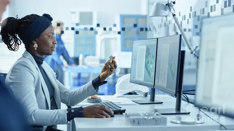 An engineer holding a PCB prototype board in a lab