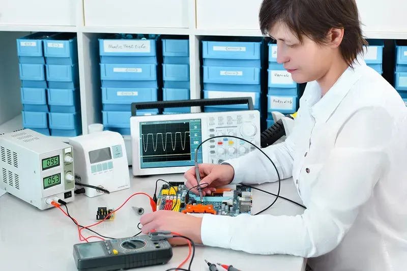 Technician performing quality control tests on a PCB