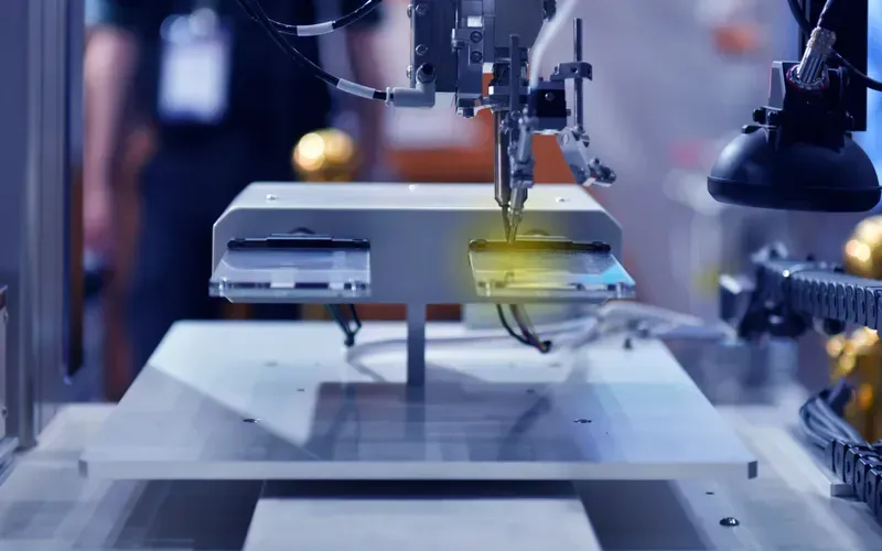 An engineer working on PCB manufacturing equipment