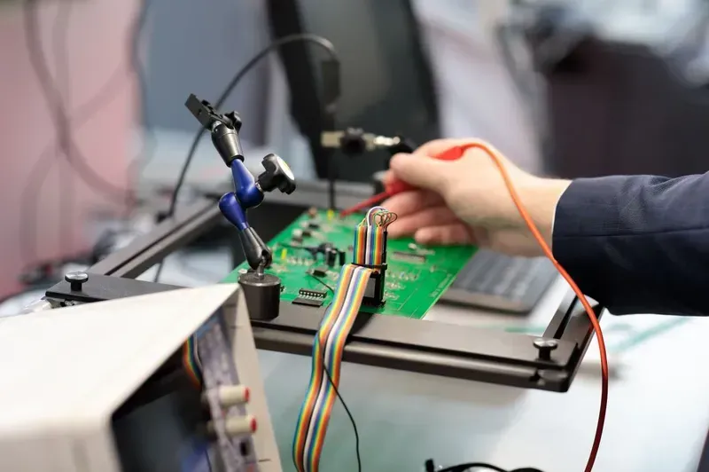 An engineer testing a PCB prototype board in a lab setting