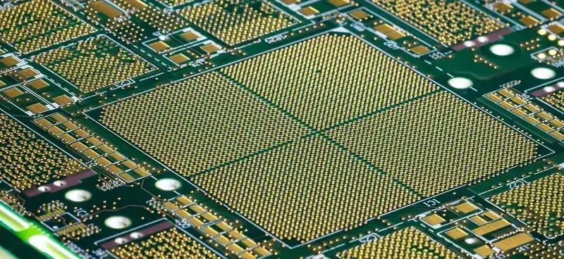 Close-up of a microgrid PCB with high-density interconnect
