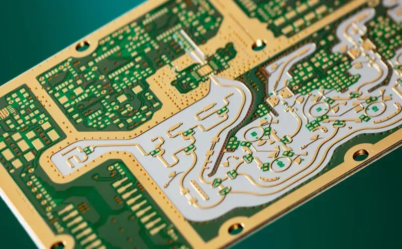 A close-up view of a Rogers PCB material sample.