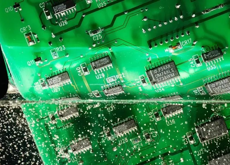 A PCB with conformal coating applied