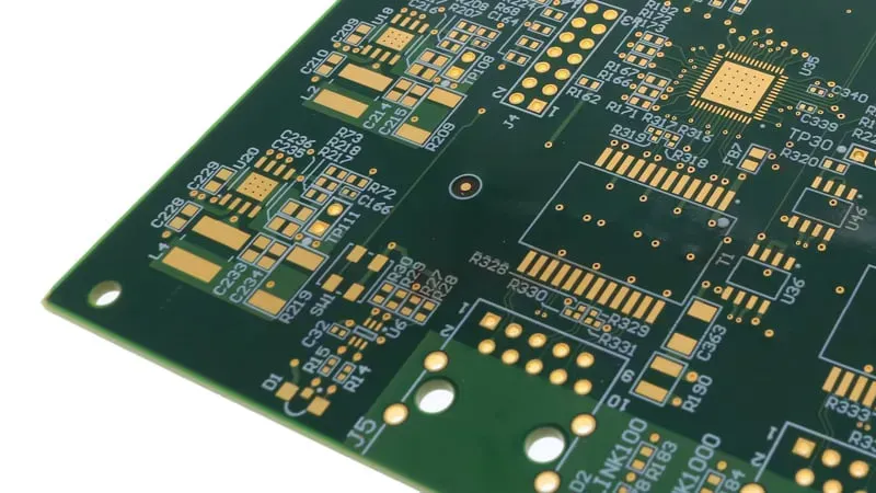 A close-up of a multi-layer PCB board showing different layers